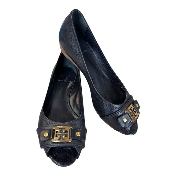 Tory Burch Black Leather Peep Toe Low Cork Wedges Size 8M - Picture 1 of 11